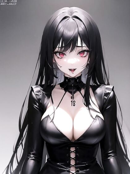 Gothic Beauty with Black Hair and Bloody Lips in Seductive Hentai Action