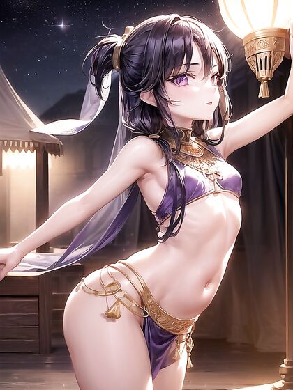 Belly Dancer with Small Breasts and Purple Eyes seduces in Hentai AI Action