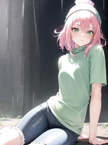 Pink-Haired Cutie in Jeans Exploring Pastel-Colored Hentai Pleasures