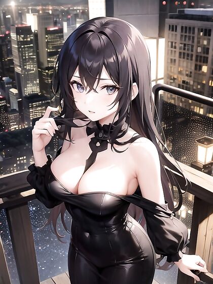 City Lights Highlight Her Silhouette, Long Hair Flowing in Full Body Hentai Scenes