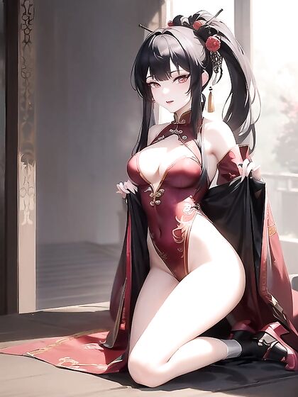 Mistress in Regal Chinese Attire Teases with a Perfect Pubic Hair Landing Strip