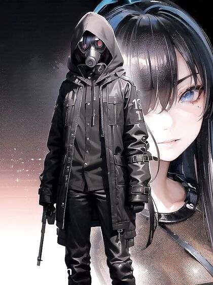 Black-Hooded Gas Mask Fetishist in Tight Leather Pants for Hentai Pleasure