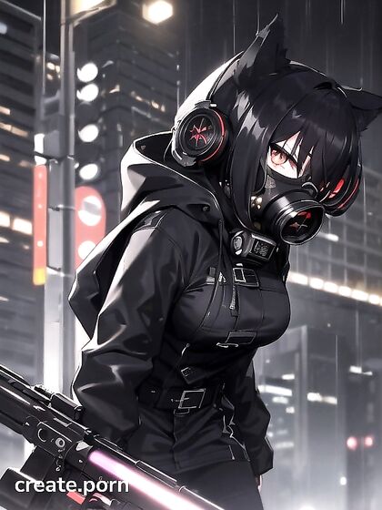 Nighttime hentai fantasy with red-eyed beauty in gas mask seduction