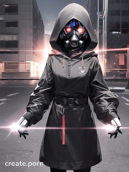 Glowing-Eyed Woman in Black Hooded Coat Tormented in Glitch Horror Hentai