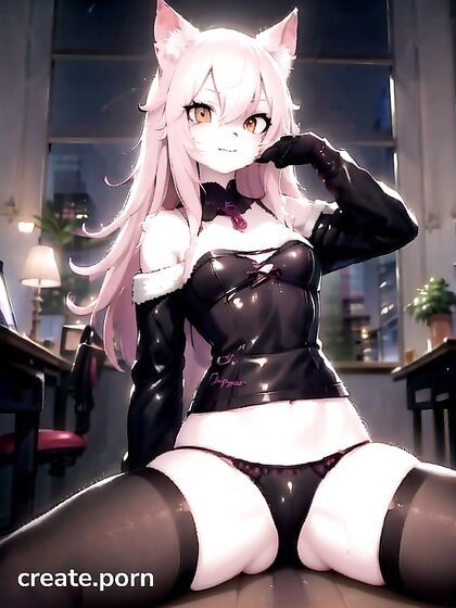 Evil Cat-Girl 18+ with Red Eyes and Pink Hair Teases in Unbuttoned Clothes