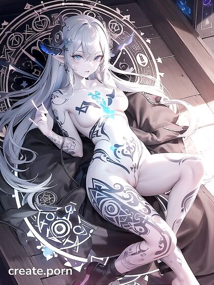 Glowing Bioluminescent Tattoos Enhance Beauty in Complex Hentai Scenes