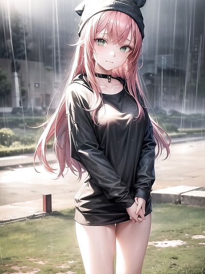 Small Breasts Big Style - Busty Girl 18+ in Extra Large Green Hoodie Hentai AI Image