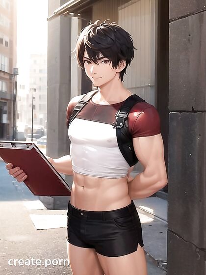 Muscular Guy with Short Hair and Tan Skin in Intense Hentai AI Image