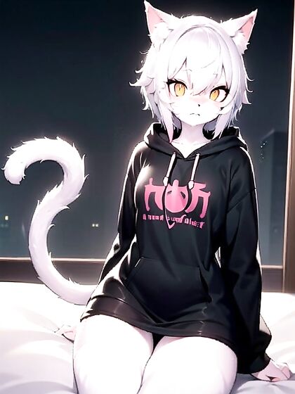 Furry Chick with Green Eyes Wears Extra Large Hoodie for Steamy Hentai AI Image