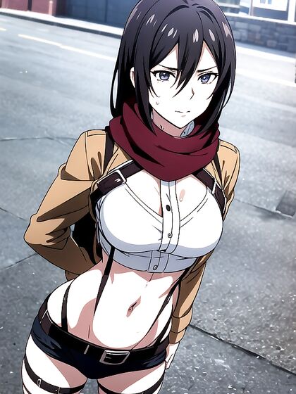 Mikasa Ackerman Seductively Reveals Her Navel in Viewer-Focused Hentai AI Image