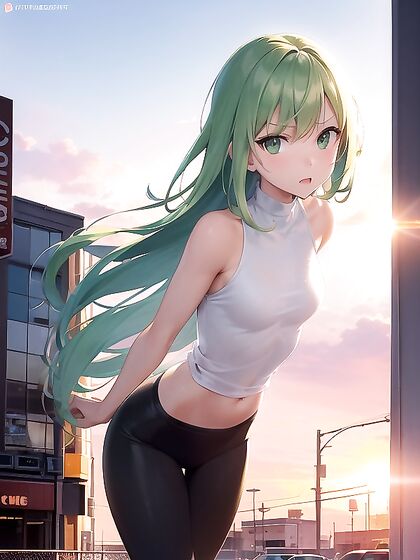Girl 18+ with Light Blue Hair Wears Pullover and Leggings for Seductive Hentai AI Image