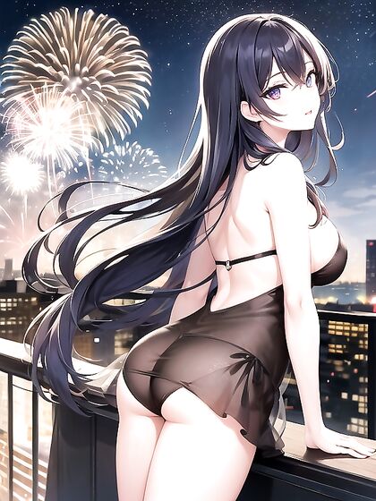 Cityscape Fireworks Mesmerize Her Eyes in Sensual Back View Hentai AI Image