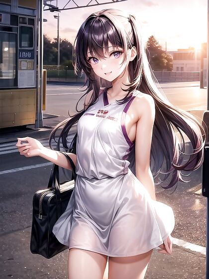 Purple-Haired Beauty Gets Pleasured at Train Station During Stunning Sunset Hentai AI Image