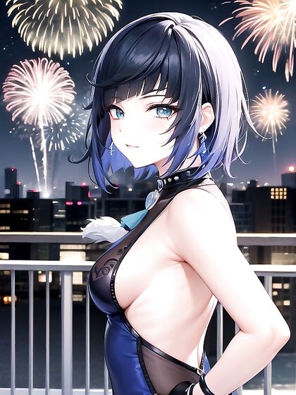 Modern Girl 18+'s Back View with Fireworks Reflecting in Her Eyes in Erotic Hentai Animation