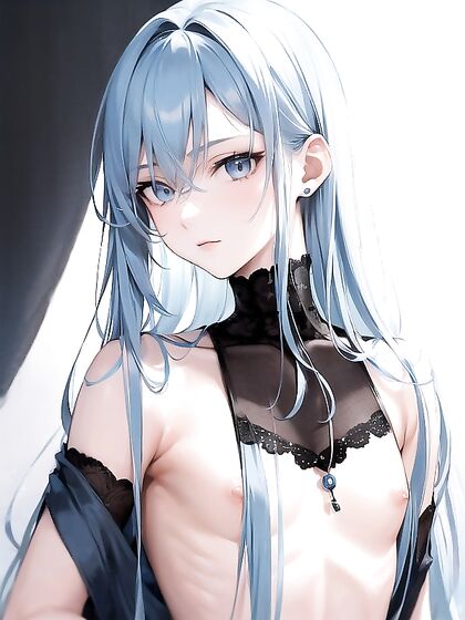 Tall Skinny Guy with Light Blue Hair in Seductive Hentai AI Image