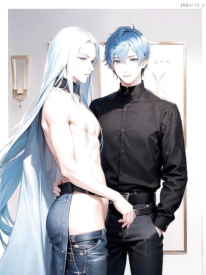 Tall Skinny Guy with Light Blue Hair in Sensual Hentai AI Image
