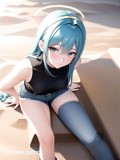Blue-Haired Beauty Smiles and Blushes in Seductive Standing Hentai AI Image