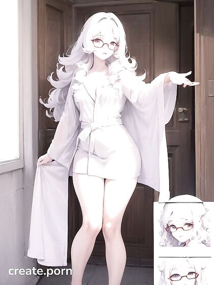 Cute White-Haired Girl 18+ in Glasses and Bathrobe Shows Off Thighs in Hentai Hentai AI Image