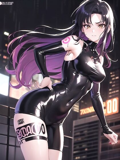 Staring at You - Seductive Cyberpunk City Femme in Tight Fits for Hot Hentai AI Image