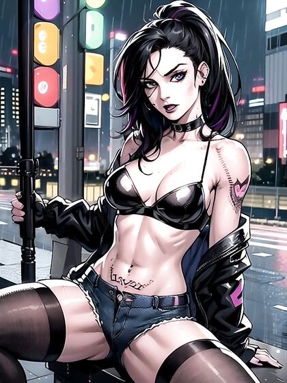 Pale-Skinned Cyberpunk Babe with Black Hair and Tattoos in kinky Detail - Hentai AI