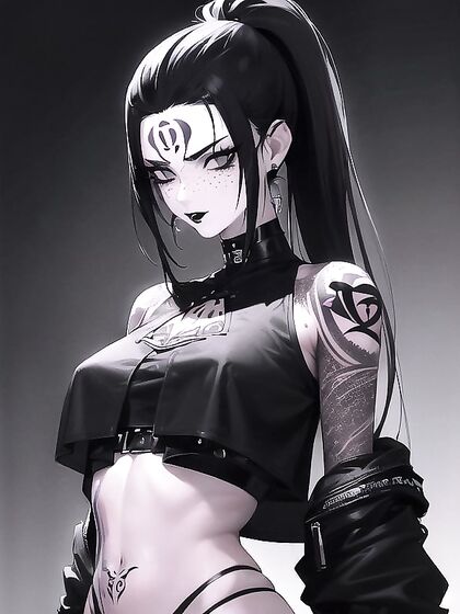 Pale-Skinned Beauty with Freckles and Full-Body Tattoos in Dark Seduction Hentai AI Image