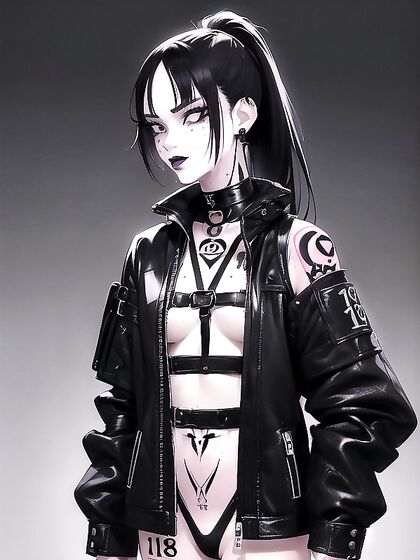 Pale-Skinned Beauty with Black Hair, Freckles, and Full-Body Tattoos Seduces in Dark Hentai AI Image
