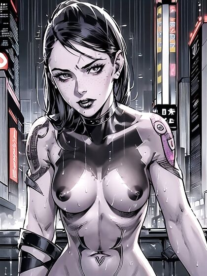 Freckled Beauty with Tattoos Explores Pleasure in Cyberpunk City Hentai