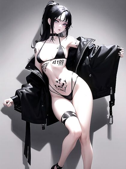 Skinny Girl 18+ with Huge Ass, Pale Skin, Black Hair, and Full Body Tattoos in Dark Fetish Hentai AI Image
