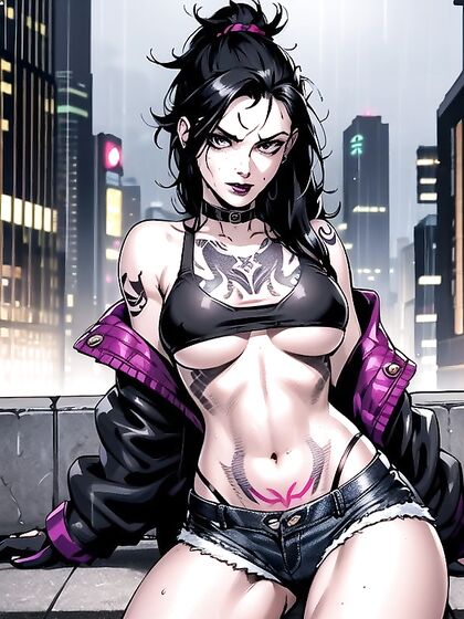 Sexy Girl 18+ in Jean Shorts and Sports Bra Teases You in Hentai AI Image
