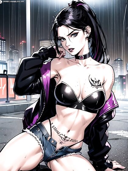 Seductive Girl 18+ in Jean Shorts and Tight Jacket Tempts You in Hentai AI Image