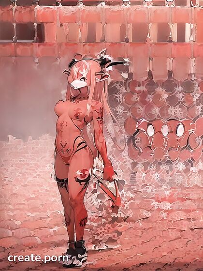 Red-Tattooed Babe Spreads Her Pussy in Detailed Muscle Hentai AI Image