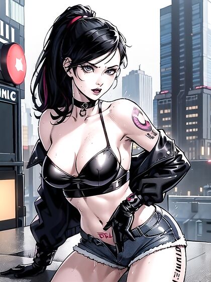 Horny Hentai AI Image - Soaking Wet in Jean Shorts During Rain