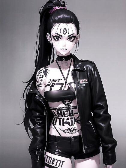Pale-Skinned Beauty with Black Hair and Tattoos in Seductive Hentai AI Image