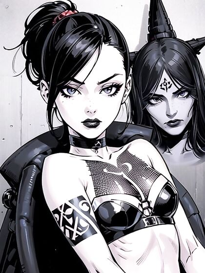 Skinny Girl 18+ with Pale Skin, Black Hair, Freckles, and Full-Body Tattoos in Sexy Hentai AI Image