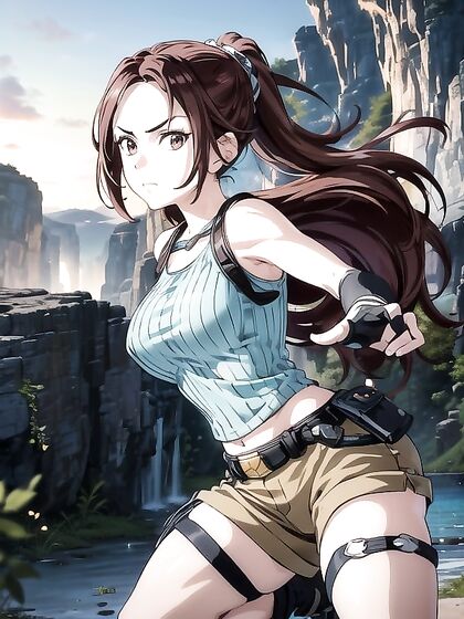 Lara Croft's Determined Face in Dynamic Action Pose for Intense Hentai Pleasure