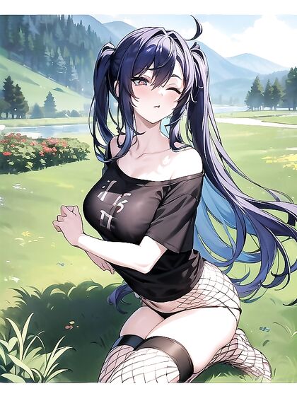 Sona from League of Legends Gets Wild in Fishnet-clad Meadow Hentai AI Image