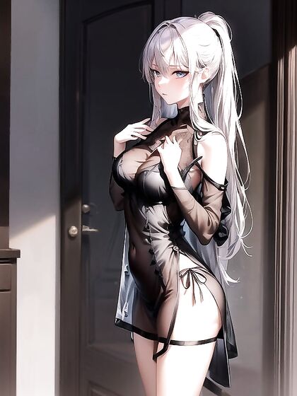 Model in Black Sheer Dress with Ponytail Seduces in Hentai AI Image