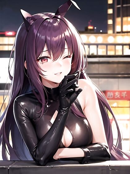 Scathach from Fate/Grand Order Wears Seductive Onesie in Cyberpunk City Hentai AI Image