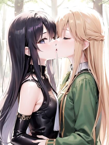 Girl 18+s Kissing Passionately While Gazing at You in a Mysterious Forest Hentai AI Image