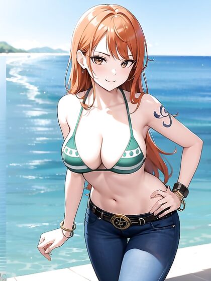 Happy Girl 18+ Poses Frontally with Hands on Hips in Seductive Hentai AI Image