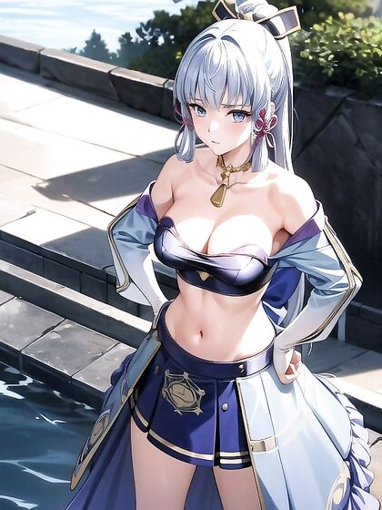 Kamisato Ayaka Poses with Small Breasts in Seductive Hands-On-Hips Hentai AI Image
