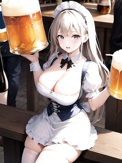 Girl 18+ at Oktoberfest in Vibrant Dress and White Socks Enjoying Beer in hentai Hentai AI Image