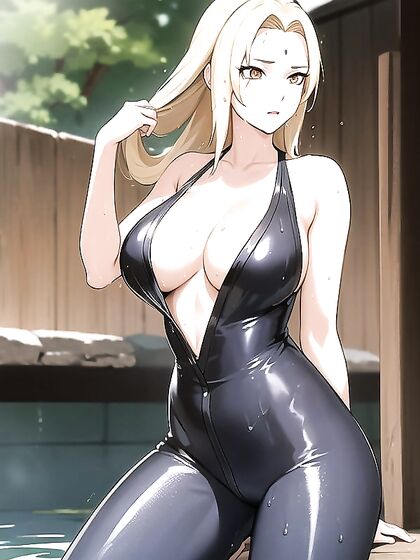 Tsunade from Naruto Enjoying Intense Pleasure with Blurry Konoha Backdrop