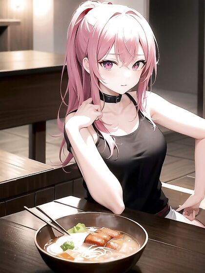 Girl 18+ at Table with Steaming Bowl of Ramen, Ready to Savor Every Bite in Erotic Hentai AI Image