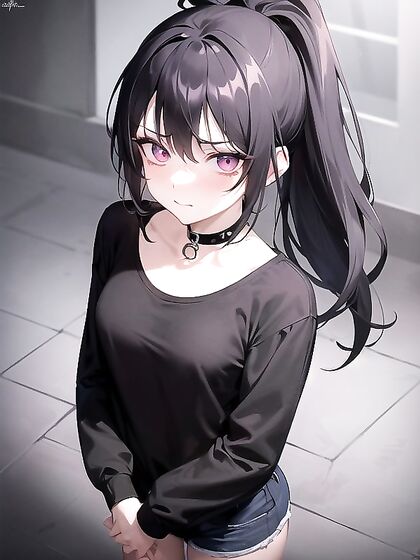 Goth Girl 18+ with Black Choker and Messy Emo Hair Teasing in Ponytail for Skinny Hentai Fun