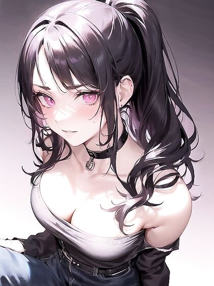 Goth Girl 18+ with Black Choker and Wavy Ponytail Teasing Under Moonlight in HentaiErotica