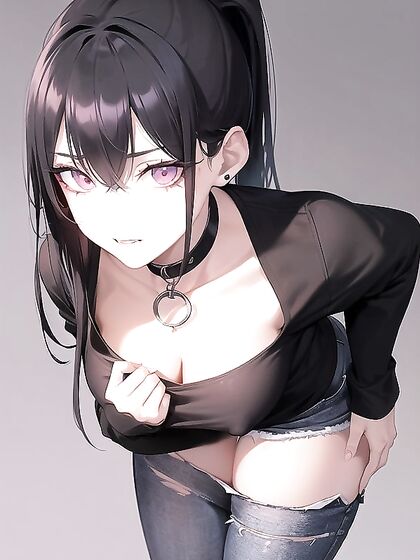 Ponytailed Girl 18+ Poses Topless with Hands on Hips in Seductive Hentai AI Image