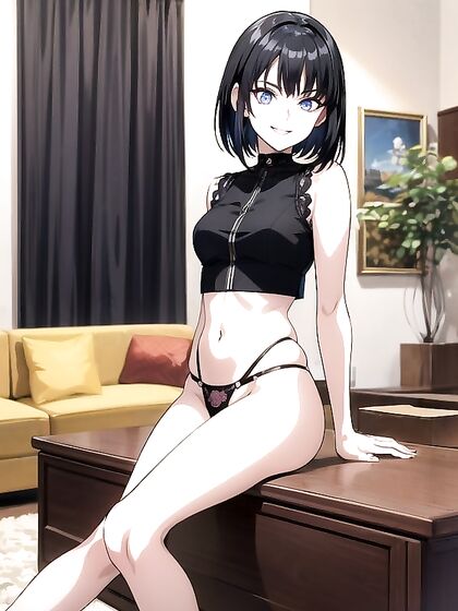 Bobcut Babe in Choker Gets naughty While Sitting Down for Hentai Fun