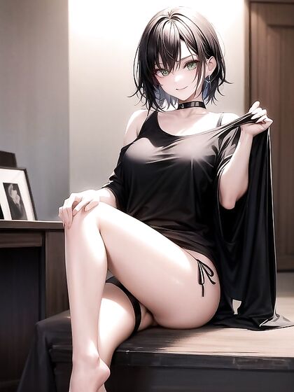 Slutty Chick in Black Oversized T-Shirt and Choker for Horny Hentai AI Image