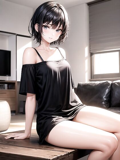 Oversized T-Shirt Temptation - Black-Haired Beauty Seduces in the Living Room Hentai